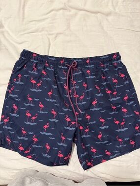 Navy Swim Trunks with Pink Flamingo Print